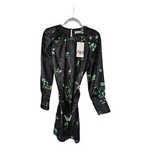 Zara NWT Dress Size S Mini Floral Black Green Keyhole Closure Belt Gold Hardware